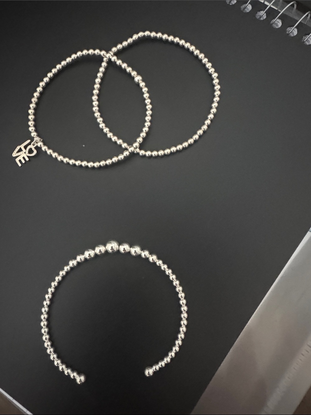 NWOT Sterling Silver Beaded Stretch/Cuff Bracelet Trio with LOVE Charm - Picture 3 of 4